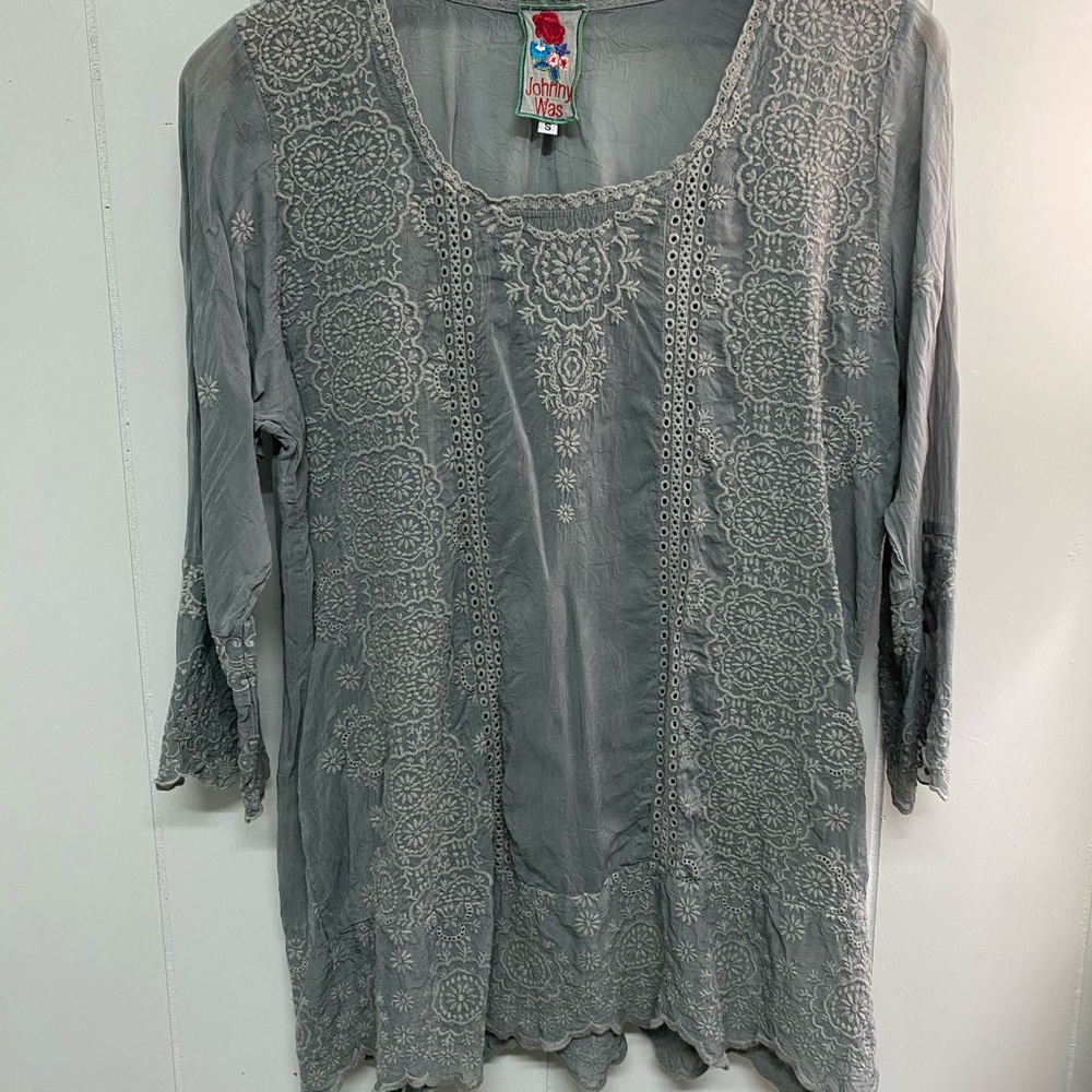 Johnny Was Grey Embroidered Blouse